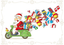 Santa Claus With Presents On Scooter Vector Cartoon