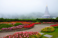Flower Garden And Pagoda On Doi Inthanon, Thailand.