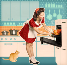 Housewife Cooking In An Oven.Retro Kitchen Poster