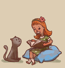 Vector Cartoon Image Of A Cute Little Girl With Red Hair In A Green Dress With White Polka Dots Sitting On Big Blue Pillow And Reading A Brown Book To Gray Cat On A Light Background.