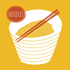 Wall Mural - Doodle noodles in the bowl with chopsticks. Hand drawn vector illustration for kitchen and cafe