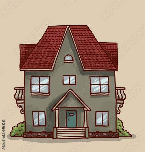 Vector Cartoon Image Of A Cute Little Gray House With Red Roof