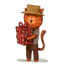 Vector Cartoon Image Of A Funny Red Cat In Brown Trousers, A Gray And White Striped Jacket And A Yellow Hat With Red With White Polka Dots Gift Tied With Red Ribbon In His Paws On A Light Background.