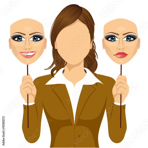 Fotografering faceless woman holding happy and angry mask
