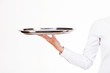 Woman arm in witer uniform holding tray. Over white background.