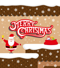 Vector banner with Santa Claus  on the roof and Merry Christmas text on wall house