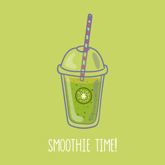 Hand drawn smoothie to go cup with banana illustration and smoothie time lettering