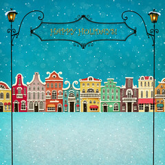 Festive illustration or poster with colorful town