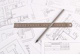 Fototapeta Mapy - electrical engineering drawings printing, pencil and and ruler