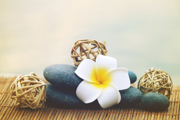 Poster - Composition of pebbles and fragipani flower on wattled background