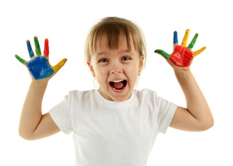 Wall Mural - Little girl with hands in paint, isolated on white