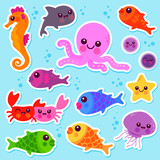 Fototapeta Pokój dzieciecy - Set of colorful sea animals swimming underwater. Vector illustration