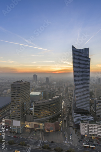 Nowoczesny obraz na płótnie Warsaw city center at sunset