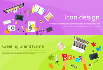 Wall Mural - logo icon designer drawing desk workspace brand name concept creative businessman