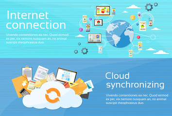 Wall Mural - internet connection cloud synchronizing computer device network web banner set