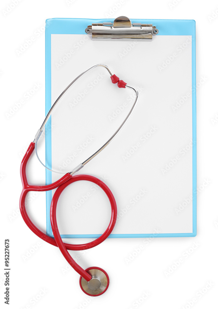 Medical stethoscope with clipboard isolated on white