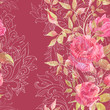 Pink roses on baroque ornament. Seamless pattern