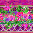 Tropical leaves and flowers on ornamental background. Floral vivid background.