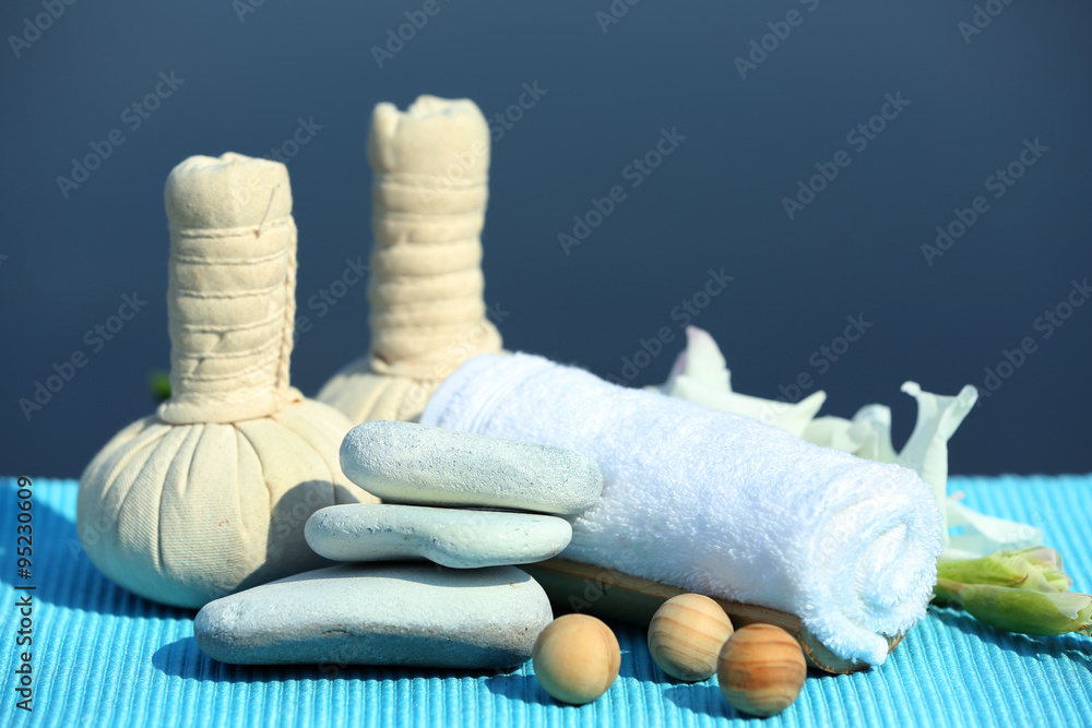 Beautiful composition of spa treatment on sea background