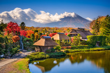 Mt. Fuji And Traditional Village In Oshinohakkai, Japan.