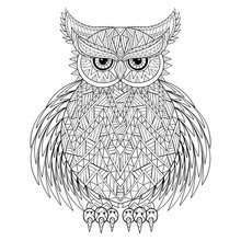 Hand Drawn Zentangle Owl, Bird Totem For Adult Coloring Page In