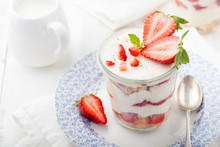 Strawberry Tiramisu, Trifle, Custard Dessert With Mint Leaves 