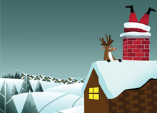 Reindeer Sees Santa Claus Stuck In The Chimney Background. EPS 10 Vector, Grouped For Easy Editing. No Open Shapes Or Paths.