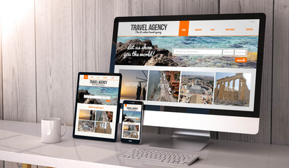 Wall Mural - devices responsive on workspace travel agency online