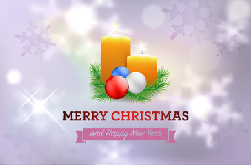 Wall Mural - christmas card with candles, spruce and christmas balls