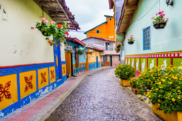 Beautiful and colorful streets in Guatape, known as town of Zocalos. Colombia