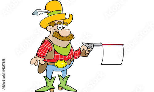 Cartoon Illustration Of A Cowboy Shooting A Gun With A Sign