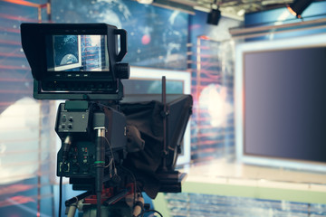 Poster - Television studio with camera and lights - recording TV NEWS