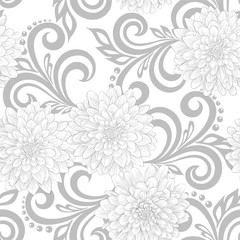 black and white  seamless pattern with dahlia flowers and abstract floral swirls