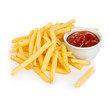 Potatoes fries with ketchup close-up isolated on a white background.