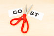 © wirojsid - Cost in paper cut by scissor on wooden desk concept cost cut
