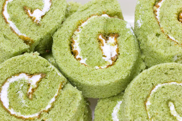 Close up of matcha cake rolls.