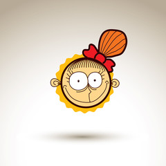 Vector hand drawn happy girl with fashionable hairdo. Facial exp