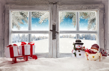 Vintage wooden window overlook winter landscape