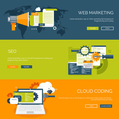Vector illustration. Flat background. Coding, programming. SEO. Search engine optimization. App development and creation. Software, program code. Web design