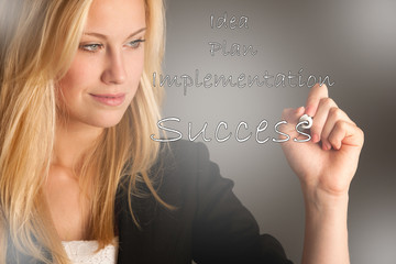 Sticker - young business woman writes a business plan on a blank screen