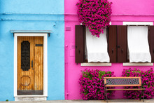 Venice, Burano: The Small Yard With Bright Walls Of Houses