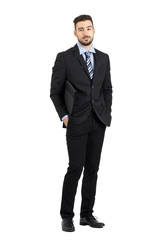 Smiling positive young bearded businessman with document folder.  Full body length portrait isolated over white studio background. 