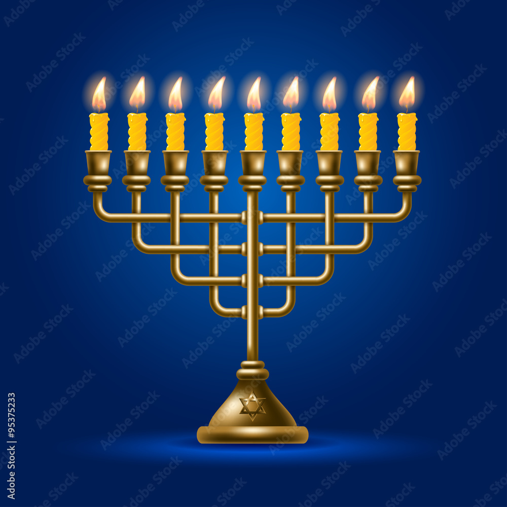 Vector de Stock Elegant greeting card for Happy Hanukkah, jewish holiday.  Hanukkah golden menorah with burning candles on blue background. Vector  illustration. | Adobe Stock, image size:1000x1000