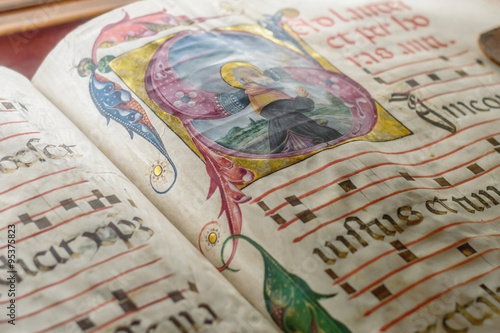 Fotografie, Obraz Medieval ancient illuminated manuscript with gregorian chant mus