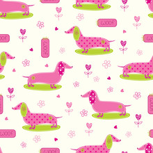 Seamless Pattern With Cute Dog And Abstract Floral Elements