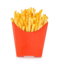 Potatoes Fries In A Red Carton Box Isolated On A White Background. Fast Food.