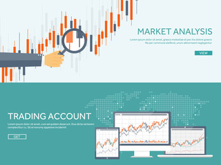 Vector illustration. Flat background. Market trade. Trading platform ,account. Moneymaking,business. Analysis. Investing