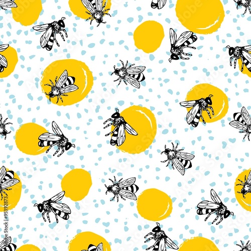 Cotton fabric Vector seamless hand drawn honey bee pattern.
