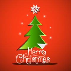 Wall Mural - Merry Christmas Card with Green Tree and Paper Star on Red Background Vector