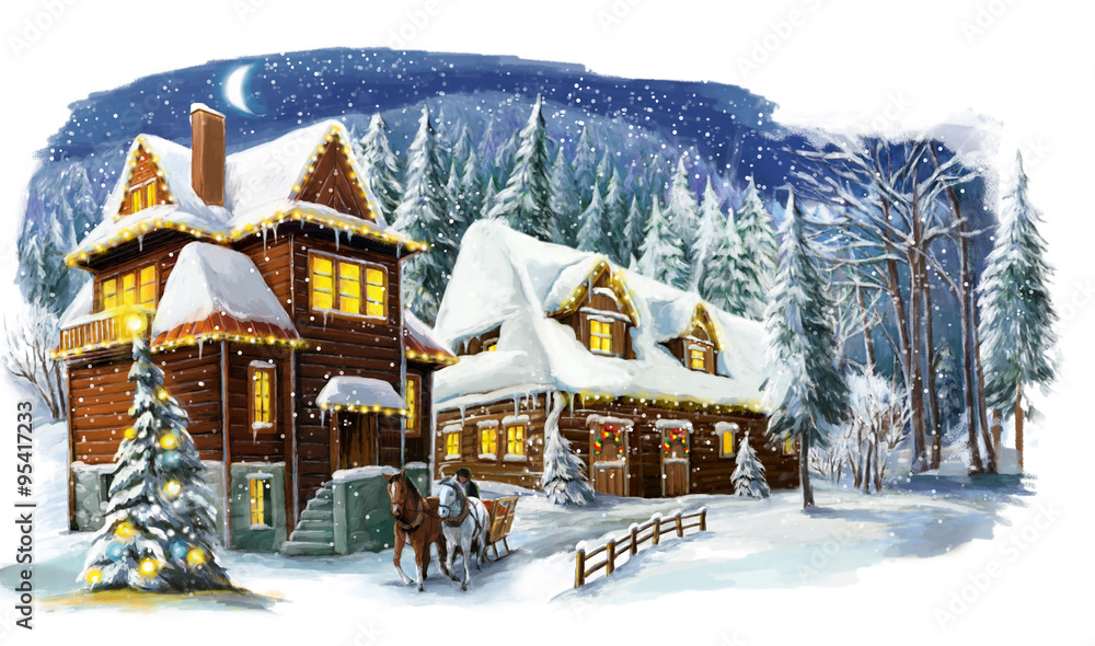 Christmas winter happy scene with wooden house in the mountains ...
